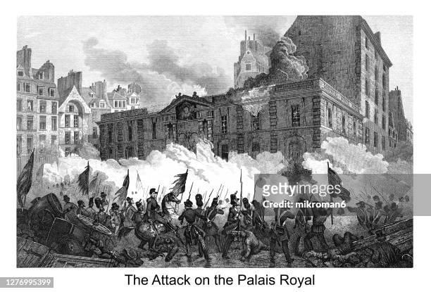 old engraved illustration of dramatic military scene shows the heat of battle during the attack on the palais royal. france revolution, 1848 - revolution stock-fotos und bilder