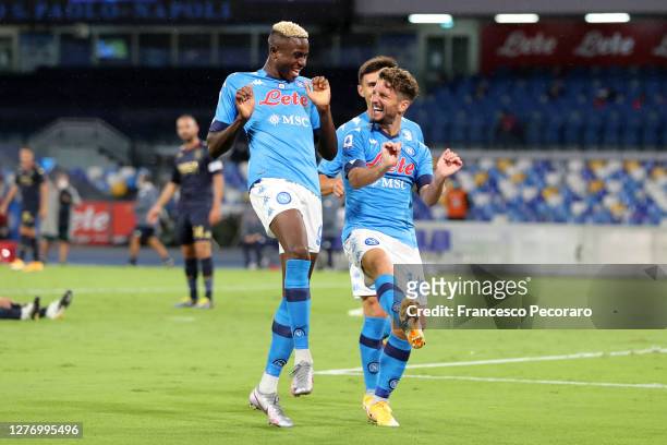 Dries Mertens and Victor Osimhen of SSC Napoli celebrate the 3-0 goal scored by Dries Mertens during the Serie A match between SSC Napoli and Genoa...