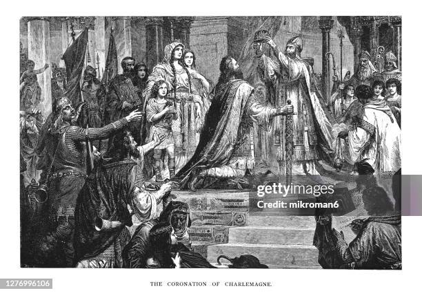 old engraved illustration of coronation of charlemagne, charles the great (800) by pope leo iii - emperor stock-fotos und bilder