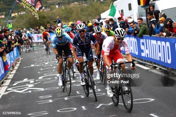 Wout Van Aert of Belgium / Julian Alaphilippe of France / Michal Kwiatkowski of Poland / Fans / Public / during the 93rd UCI Road World Championships...