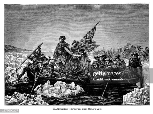 old engraved illustration of  general george washington crossing the delaware river during the american revolutionary war in 1776. - guerra de la independencia de estados unidos fotografías e imágenes de stock