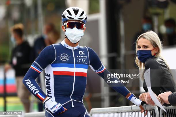 Start / Julian Alaphilippe of France / Marion Rousse of France Girlfriend - Ex-Pro rider-TV Journalist / Mask / Covid Safety Measures / during the...