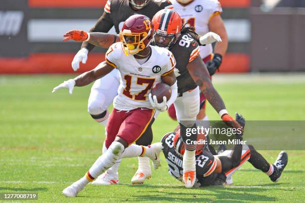 Defensive tackle Sheldon Richardson of the Cleveland Browns pursues wide receiver Terry McLaurin of the Washington Football Team during the first...