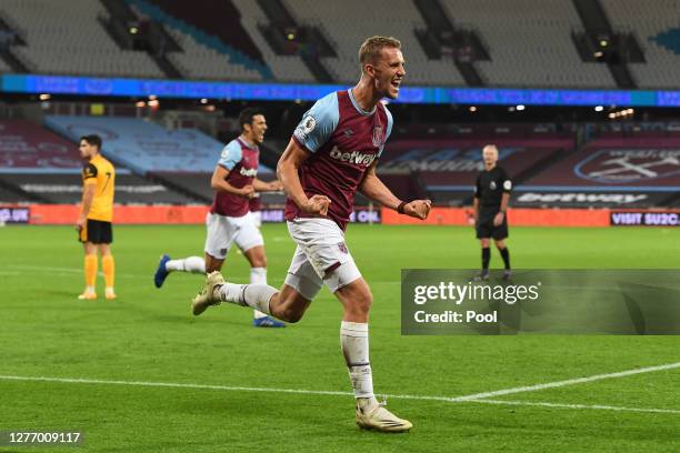 Tomas Soucek of West Ham United celebrates after scoring his sides third goal during the Premier League match between West Ham United and...