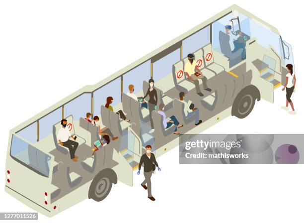 covid bus cutaway illustration - cutaway drawing stock illustrations