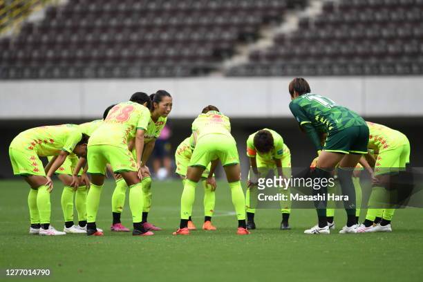 Players of JEF United Chiba Ladies huddle during the Nadeshiko League match between JEF United Chiba Ladies and INAC Kobe Leonessa at Fukuda Denshi...
