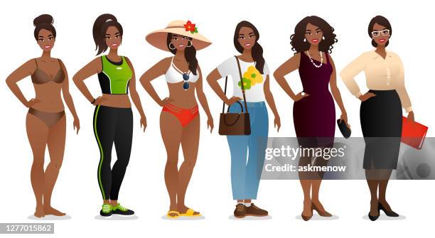 one young woman in different clothes - black people in bathing suits stock illustrations