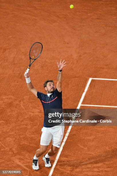 Stan Wawrinka of Switzerland serves during his Men's Singles first round match against Andy Murray of Great Britain during day one of the 2020 French...