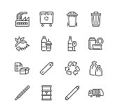 Recycling and sorting of waste line flat icon set. Garbage sorting. Vector illustration trash, factory, garbage truck, radioactive rubbish. Editable strokes.