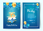 Celebration of 35 th years birthday vector invitation card. Thirtty five years anniversary celebration brochure. Template of invitational for print on blue background