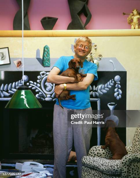 English artist David Hockney poses for a portrait in the living room of his Hollywood Hills home in April 1 in Los Angeles, California.