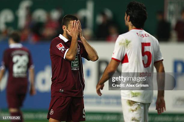 Itay Shechter of Kaiserslautern reacts after missing a chance during the Bundesliga match between between 1. FC Kaiserslautern and VfB Stuttgart at...