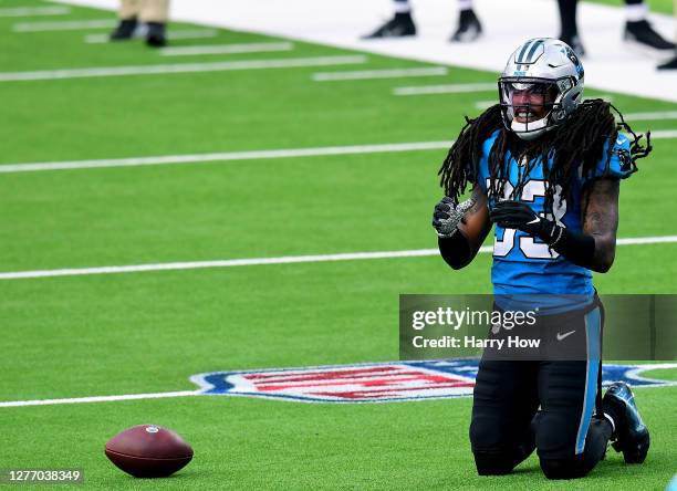 Tre Boston of the Carolina Panthers reacts to a missed interception during the third quarter in a 21-16 win over the Los Angeles Chargers at SoFi...