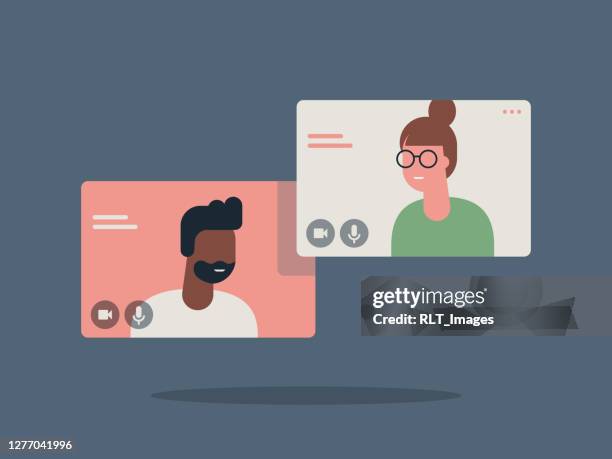 stockillustraties, clipart, cartoons en iconen met illustratie van twee gelukkige mensen die via videovraag spreken - two objects