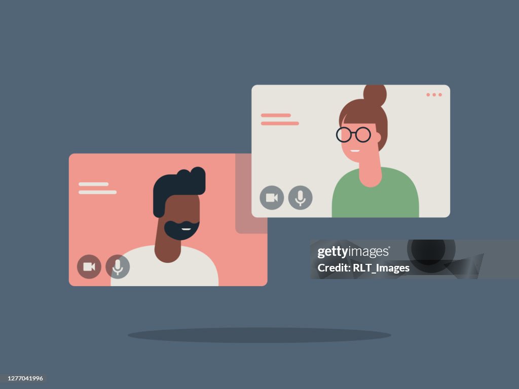 Illustration of two happy people talking via video call