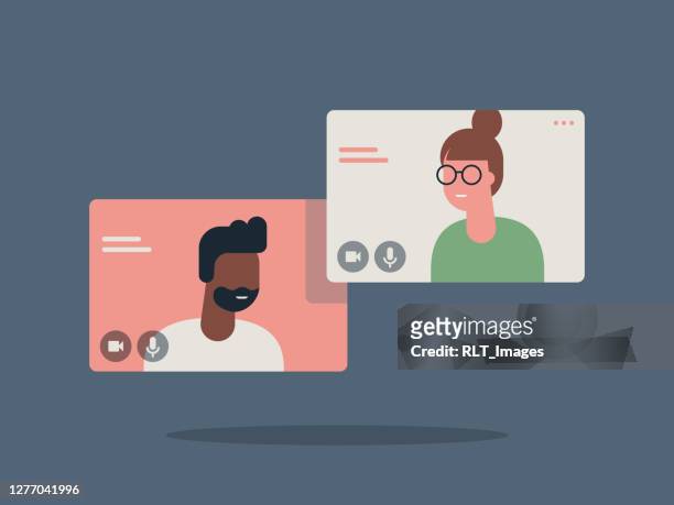 illustration of two happy people talking via video call - flat design stock illustrations