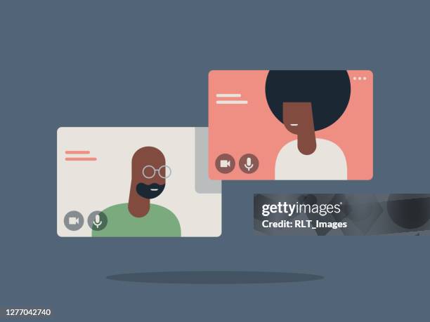 illustration of two happy people talking via video call - human body part videos stock illustrations