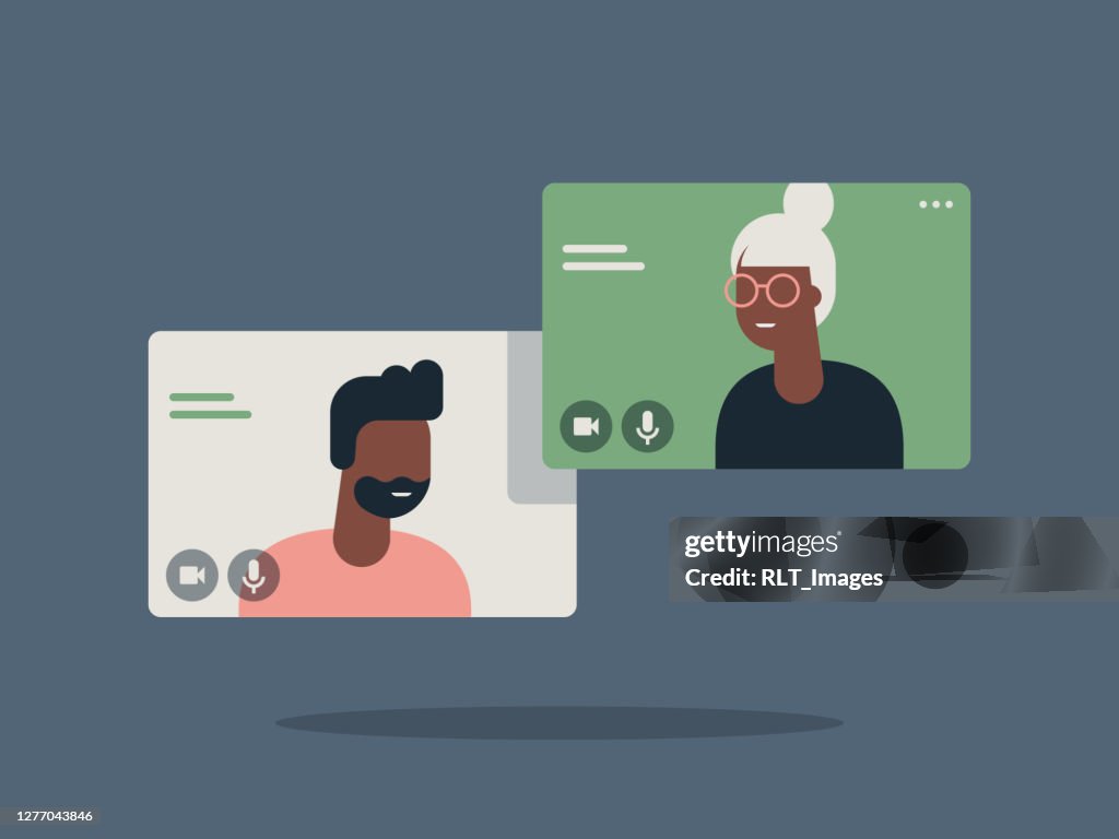 Illustration of two happy people talking via video call
