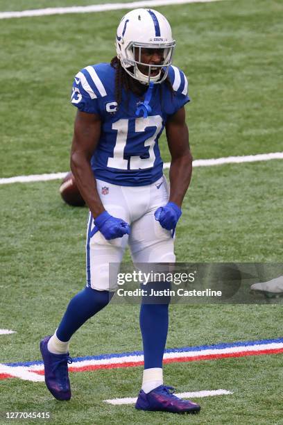 Hilton of the Indianapolis Colts celebrates a first down in the game against the New York Jets at Lucas Oil Stadium on September 27, 2020 in...