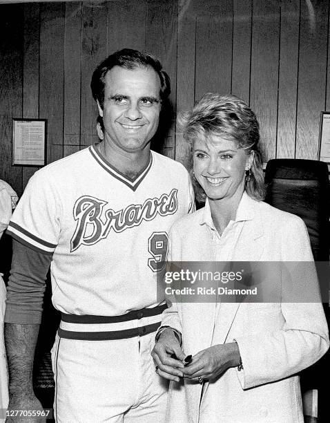 Olivia Newton-John visits Atlanta Braves Manager Joe Torre at Atlanta Fulton County Stadium, Post game in Atlanta Georgia, May 09, 1982 (Photo by...