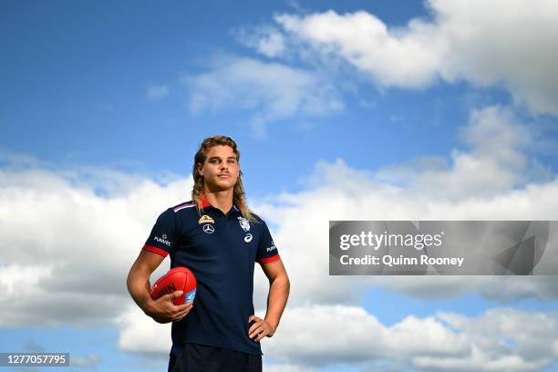 Bailey Smith of the Bulldogs poses during a Western Bulldogs AFL training session at Metricon Oval 2 on September 28, 2020 in Gold Coast, Australia.