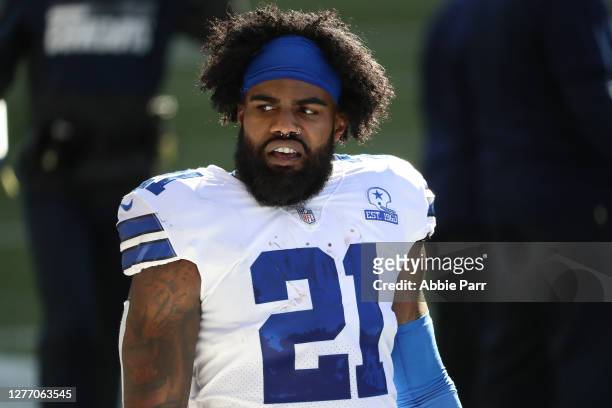 Ezekiel Elliott of the Dallas Cowboys reacts in the third quarter against the Seattle Seahawks at CenturyLink Field on September 27, 2020 in Seattle,...