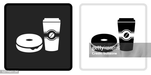 bagel & coffee icon on black button with white rollover - black and white cheese stock illustrations