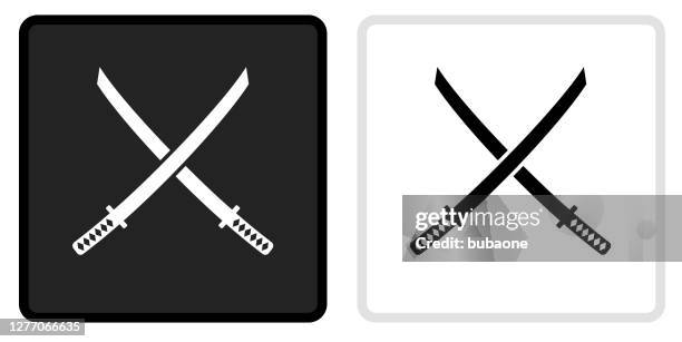 katana swords icon on  black button with white rollover - samurai sword stock illustrations