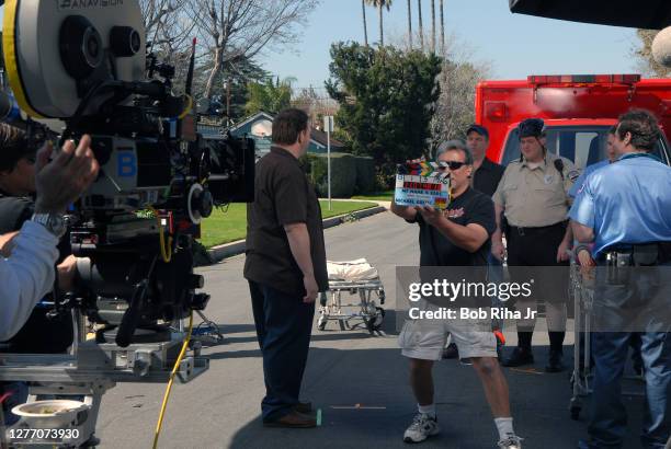 Film crews work on the set of My Name is Earl, with actors Jason Lee , Ethan Suplee and actress Alyssa Milano as they shoot a scene in which Earl &...