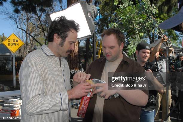 Actors Jason Lee , left and Ethan Suplee on the set of My Name is Earl, during a break in filming, February 25, 2008 in Los Angeles, California.