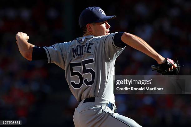 Pitcher Matt Moore of the Tampa Bay Rays pitches while taking on the Texas Rangers during Game One of the American League Division Series at Rangers...
