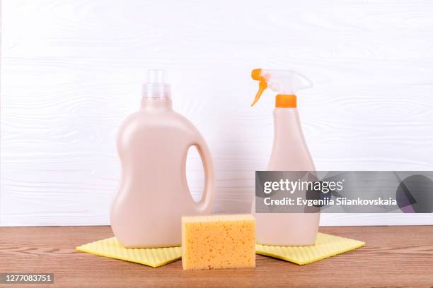 cleaning set for different surfaces in home. - chemical products stock-fotos und bilder