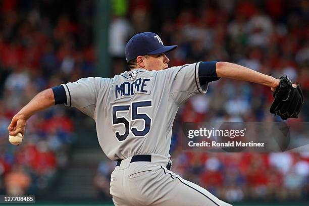 Pitcher Matt Moore of the Tampa Bay Rays pitches while taking on the Texas Rangers during Game One of the American League Division Series at Rangers...