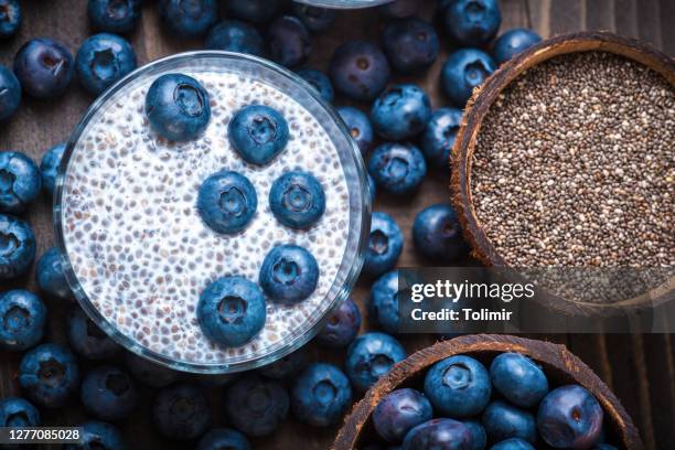 chia pudding, bramen in kokosnoot shell - mousse stockfoto's en -beelden