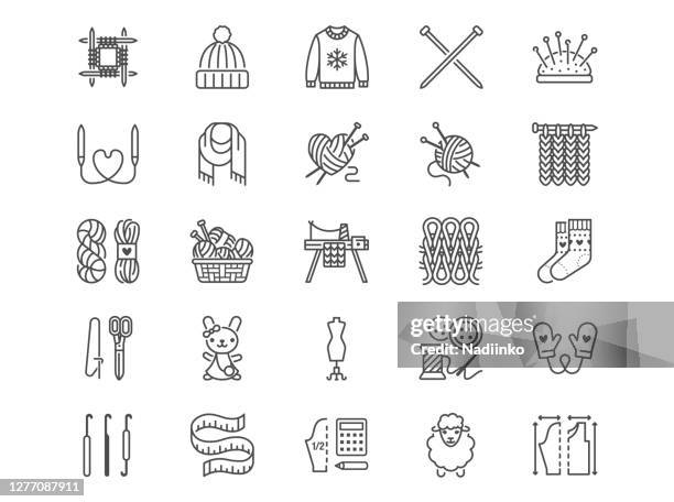 knitting flat line icons set. crochet, hand made scarf, wool ball, thread and needle vector illustrations. outline signs of diy tools, atelier, editable stroke - clothing manufacturing stock illustrations