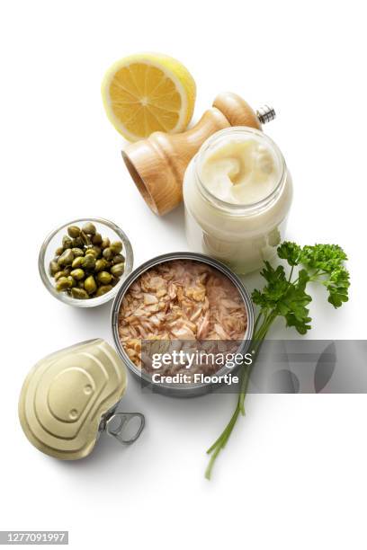 seafood: ingredients for tuna salad isolated on white background - tuna seafood imagens e fotografias de stock