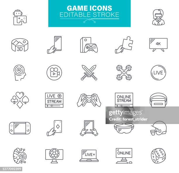 game icons editable stroke. the set contains icons as video game, gamepad, computer - virtual games icons stock illustrations