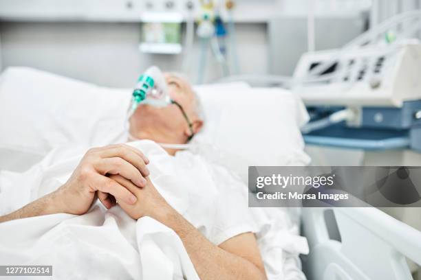 senior patient suffering from coronavirus praying on stretcher - maca de hospital imagens e fotografias de stock