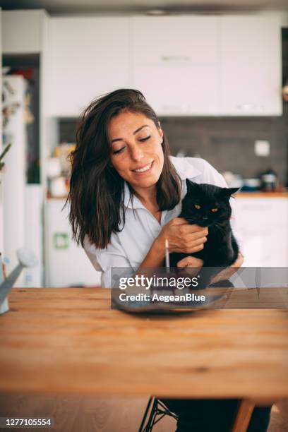 cute woman celebrating her birthday with her black cat - happy birthday cat stock pictures, royalty-free photos & images