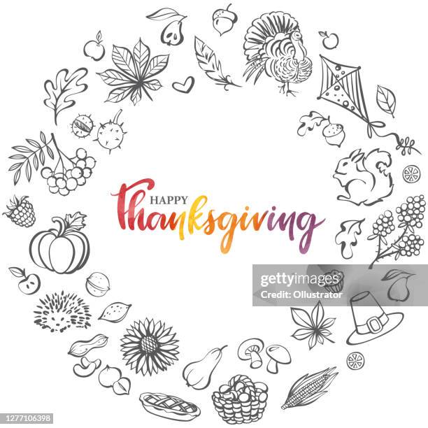 happy thanksgiving wreath illustration - thanksgiving holiday icons stock illustrations