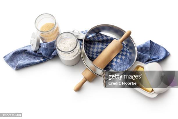 baking ingredients: ingredient for making a cake isolated on white background - baking dish stock pictures, royalty-free photos & images