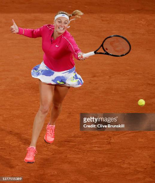 Petra Kvitova of Czech Republic plays a forehand during her Women's Singles first round match against Oceane Dodin of France on day two of the 2020...