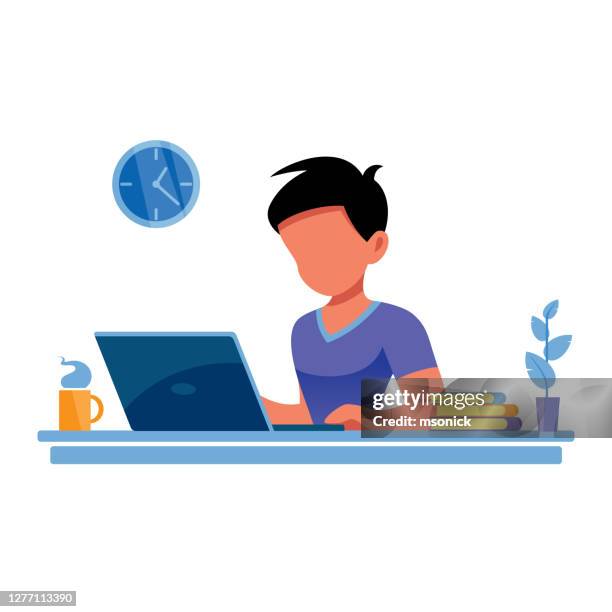 laptop work - man using computer at home stock illustrations