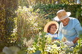 Grandmother and child gardening outdoors