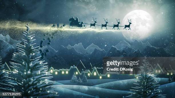 santa claus delivering christmas presents at night - village stock pictures, royalty-free photos & images