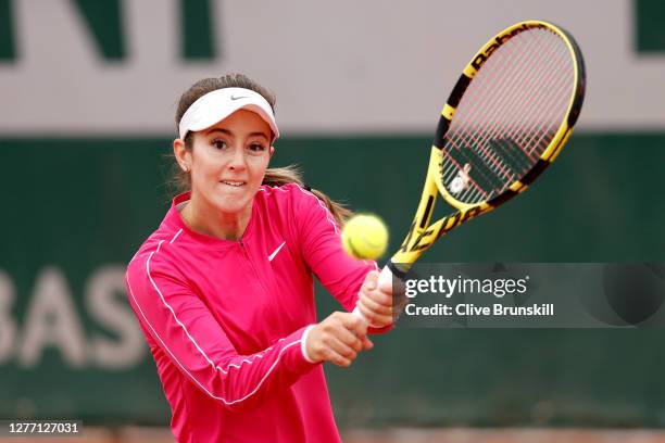 Catherine Bellis of The United States of America plays a backhand during her Women's Singles first round match against Bernarda Pera of The United...