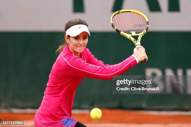 Catherine Bellis of The United States of America plays a backhand during her Women's Singles first round match against Bernarda Pera of The United...