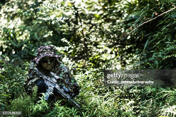 jungle hunter tactical sniper - camouflage stock pictures, royalty-free photos & images