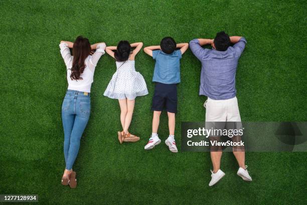 happiness of a family of four lie on the grass - allongé sur le devant photos et images de collection
