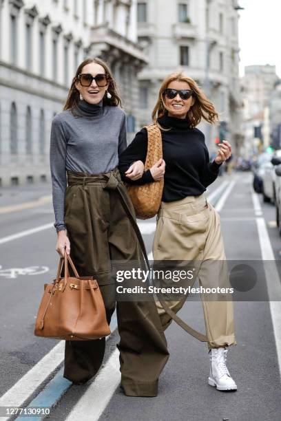 Influencer Annette Weber wearing wide khaki colored Weekend pants by Max Mara, a blue turtleneck pullover by Max Mara, a cognac colored shopper bag...